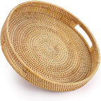 Hipiwe Round Rattan Serving Tray with Handles, Hand-Woven Decorative Organizer Tray for Storage Breakfast Drinks Snack, Centerpiece Fruit Basket for Home Decoration,Large