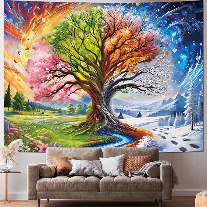 Dermijer Colorful Tree of Life Tapestry Four Seasons Trees Tapestrie Spring Flower Green Summer Autumn Leaves Winter Snowflake Magical Natural Landscape Wall Hanging for Home Decor L78.7×W59.1