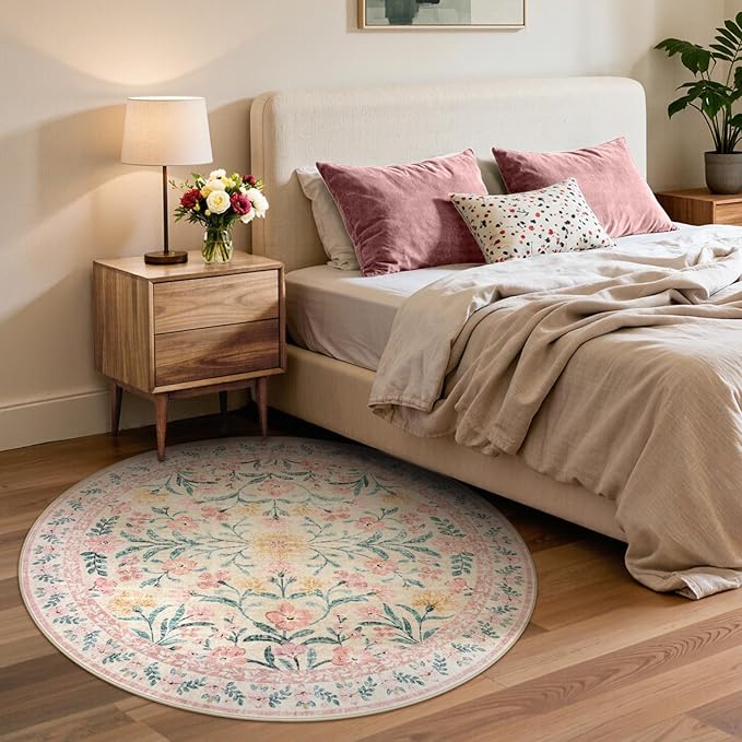 Lahome Sylvie Pink Floral 6 ft Round Rug, Soft Cozy Circle Rug for Tween Girls Bedroom Decor, Machine Washable Nursery Carpet with Non-Slip Backing for Retreat or Reading Nook