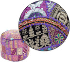 Aakriti Gallery Indian Pouf Footstool Ethnic Embroidered Pouf Cover, Indian Cotton Round Pouffe Ottoman Pouf Cover Pillow Ethnic Decor Art - Cover Only (Purple, 22x14)