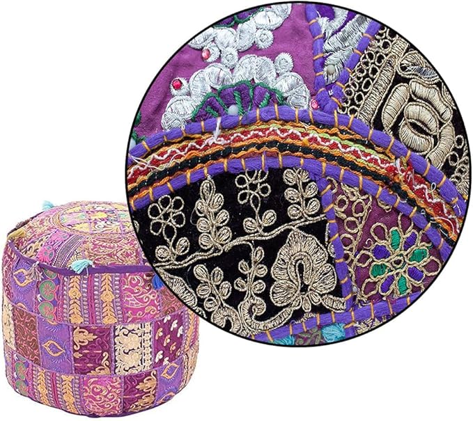 Aakriti Gallery Indian Pouf Footstool Ethnic Embroidered Pouf Cover, Indian Cotton Round Pouffe Ottoman Pouf Cover Pillow Ethnic Decor Art - Cover Only (Purple, 22x14)