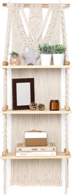 Macrame Wall Hanging Shelf 3 Tier - Boho Bedroom Decor | Macrame Wall Decor | Boho Shelf Decor, Hanging Shelves for Wall, Woven Rope Floating Wood Shelves & Storage for Small Plants