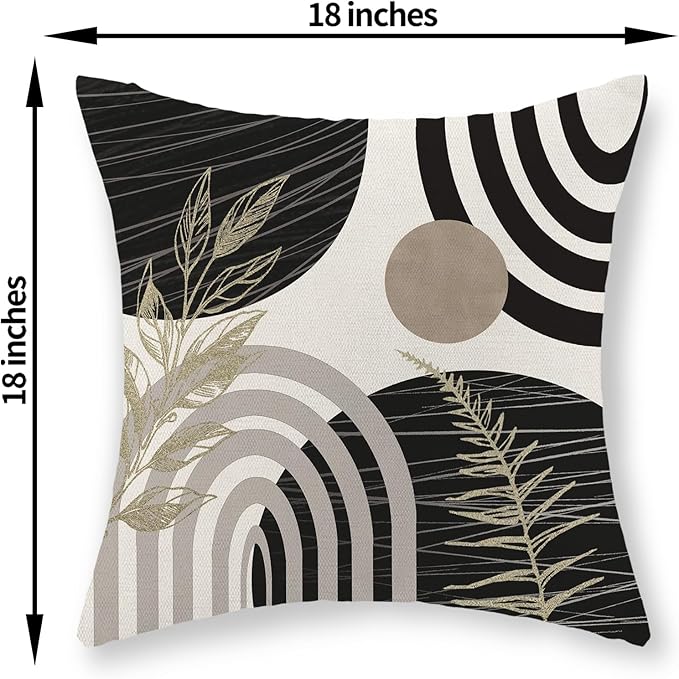 Boho Black Pillow Covers 18x18 Set of 2 Gold Leaf Tropical Mid Century Throw Pillows Outdoor Bohemian Abstract Modern Decorative Pillow Cases Farmhouse Linen Cushion Case for Couch Sofa Decor