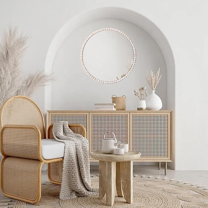 SWTHONY 15inch Small Round Boho Beaded Mirrors for Wall Decor, Cute Decorative Hanging Wooden Circle Nursery Mirror for Girl Room, Bedroom, Livingroom