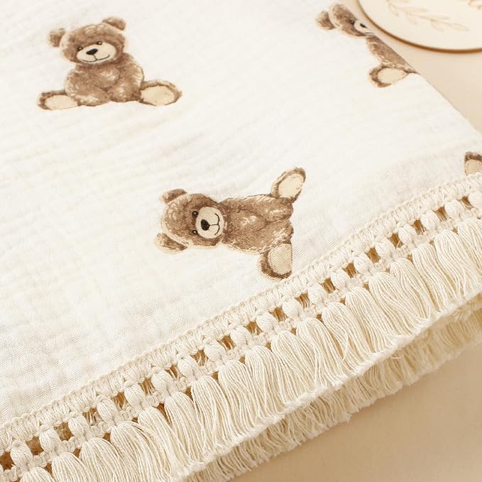 Little Jump Cotton Muslin Swaddle Blankets with Tassel, Boho Bohimia Muslin Baby Blanket Neutral with Fringe, Vintage Teddy Bear Nursery Decor Muslin Throw Blanket 47" x40" (Teddy Bears)