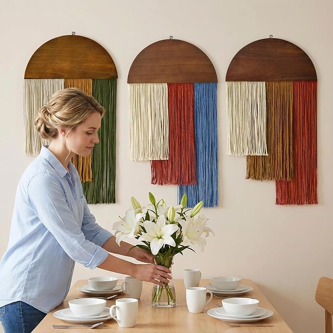 3 Pcs Boho Macrame Wall Hanging, Tie-Dye Tapestry, Three-color Woven Tapestry, Woven Tassel Tapestrys, Modern Chic Wall Decor, for Apartment Dorm Living Room Bedroom Nursery Backdrop 17.7"W X 29.5"L