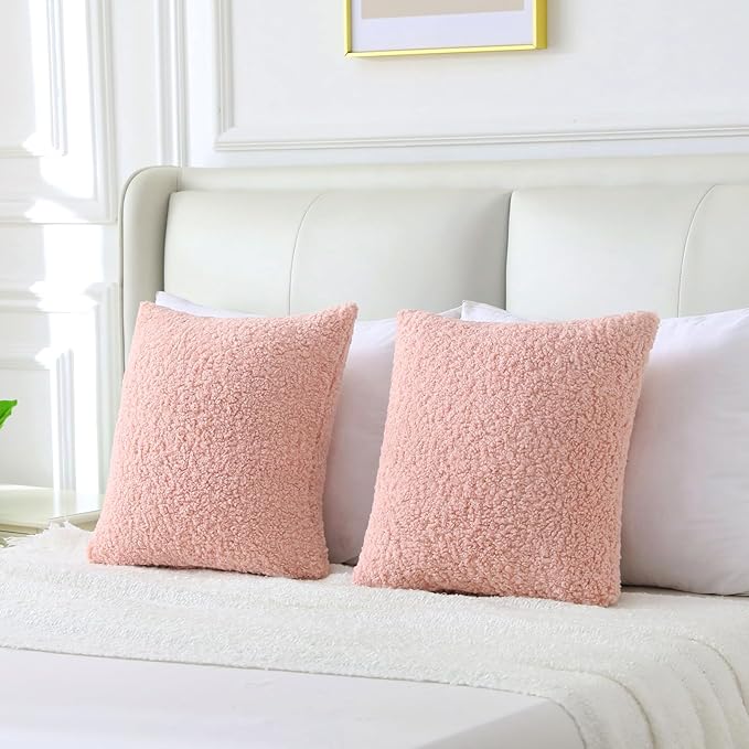 FUTEI Pink Throw Pillow Covers 26x26 Inch Set of 2,Furry Faux Fur Teddy Boucle Textured Cushion Covers,Soft Fluffy Decorative Pillow Shams,Home Decor for Couch Bed Living Room Office