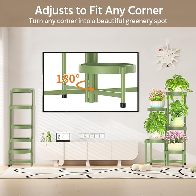 LASZOLA 5 Tiered Plant Stand Indoor Outdoor with Plastic Tray, Corner Folding Tall Flower Display Rack, Modern Plant Holder Shelf for Outdoor Patio Porch Garden Office Living Room, Green