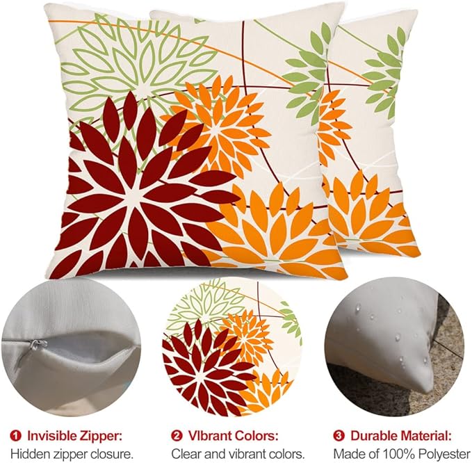 DFXSZ Red Orange Fall Pillow Cover 16X16 Inch Set of 2 Outdoor Waterproof Floral Orange Decorative Pillowcase Decor for Couch Patio Funiture Garden Print Polyester Cushion Cover 01N18