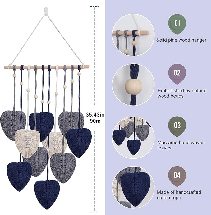 Macrame Wall Hanging Decor Leaves Tapestry, Boho Wall Decor Woven Feather Handmade Yarn Tassels Macrame Wooden Hanging Decorations for Office,Living, Bedroom, Nursery,Apartment Room,16x26 Inch(Blue)