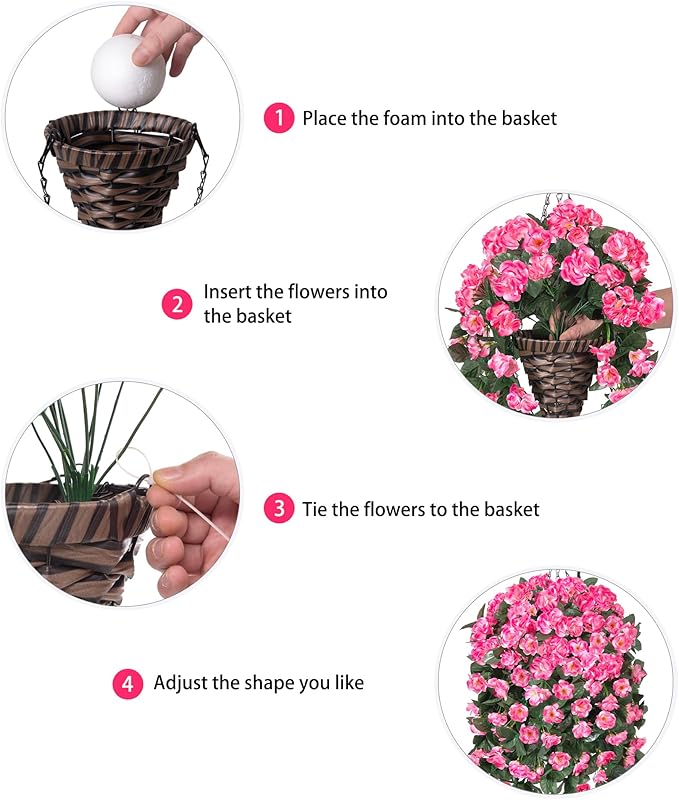 Fake Geraniums Artificial Hanging Flowers Basket for Outdoors, Spring Outdoor Hanging Plants Faux Silk Geraniums Vines in Planter UV Resistant Realistic for Outside Porch Yard Balcony Patio, Pink