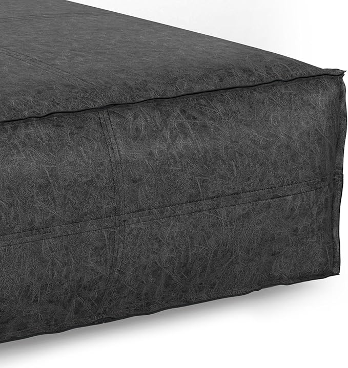 SIMPLIHOME Brody Extra Large Coffee Table Pouf - 36 inch Wide Upholstered Vegan Leather Square Ottoman in Distressed Black, Boho Footstool, Coffee Table or Extra Seating for Living Room, Assembled