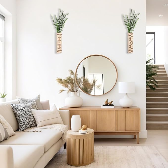 Wall Planter for Indoor Plants, 2 Pack Geometric Hanging Planter, Wood Wall Vase for Decor Artificial Flower Plants, Boho Wall Decor for Living Room, Bedroom (Light Color)