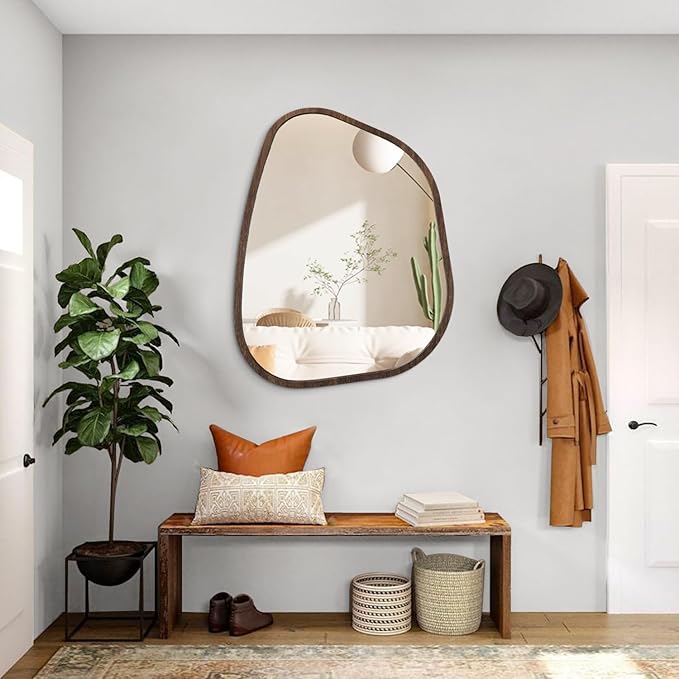 Irregular Wall Mirror Asymmetrical Large Bathroom Mirror Wood Framed Modern Artistic Decorative Vanity Mirrors for Bedroom Living Room Entryway Hallway 26"x18"