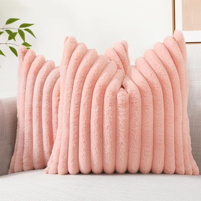 decorUhome Summer Cozy Faux Fur Throw Pillow Covers 26x26 Set of 2 Decorative Plush Striped Modern Farmhouse Boho Couch Euro Sham Pillow Cases with Velvet Back for Sofa Bed Living Room, Blush Pink