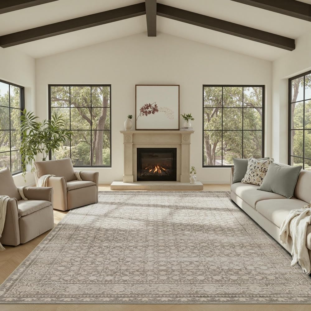 8x10 Washable Area Rug for Living Room, Extra Large Neutral Vintage Boho Rugs for Dining Room, Kids Room, Farmhouse, Durable Low Pile Non Slip Carpet for High Traffic Areas, Apricot - color: Apricot, size: 8' x 10' (Rectangular)
