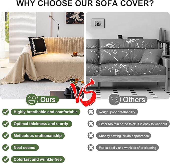 ROOMLIFE Khaki Couch Cover Sofa Covers, Chenille Couches Covers for 3 Cushion Sofas, Non Slip Soft Breathable Sofa Slipcovers for Pet, Washable Furniture Protector with Tassel,71''X134”