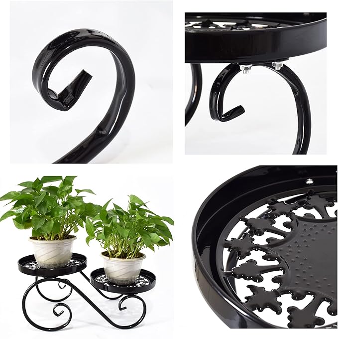 TLBTEK 2 tier Metal Plant Stand,Black Round Potted Planter Stands Indoor Outdoor ,Multiple Modern Flower Pot Stand Holder Rack Display for Home,Kitchen,Patio,Garden, Corner, Balcony and Bedroom