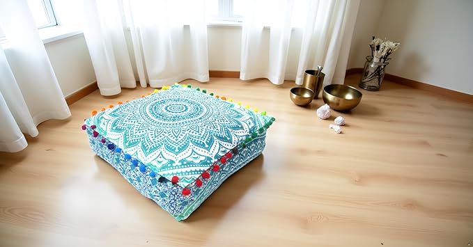CRAFT KALA Green Ombre Large Hippie Mandala Meditation Floor Ottoman Pillow Cushion Pouf Cover Square Poufs Bohemian Circle Floor Cushion Case Outdoor Fireplace Yoga Living Room Decor Cover 18" Square