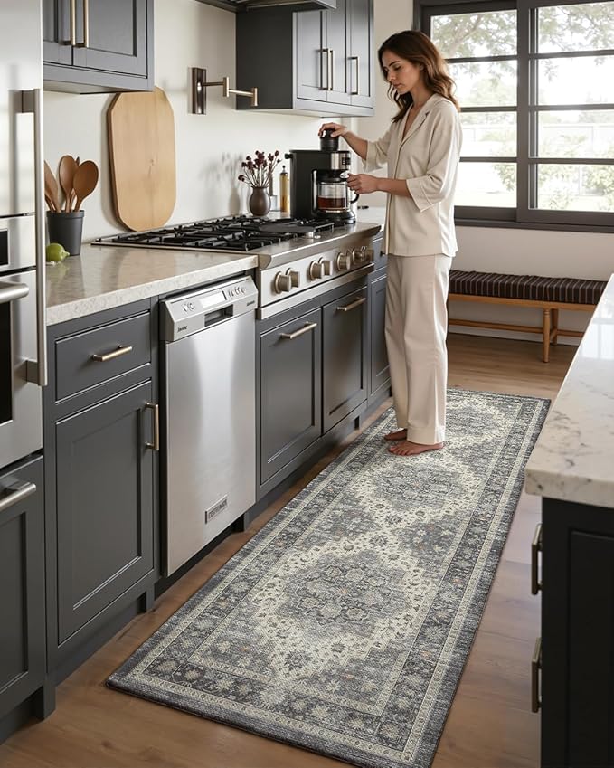 DEXI Kitchen Floor Mats Anti Fatigue, 17x59 Cushioned Vintage Runner Rug Waterproof, Standing Comfort Memory Foam Padded for Front Sink Laundry Office, Dark Grey