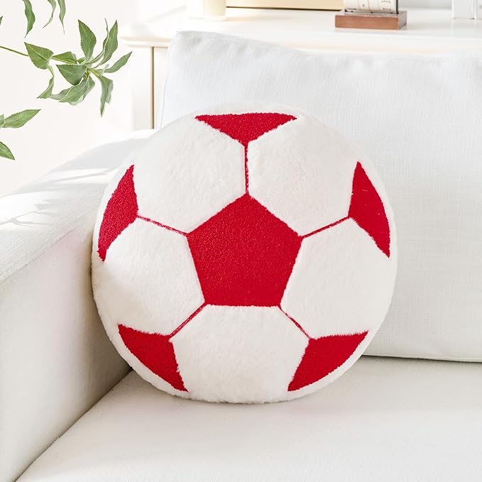 Soccer Pillow,12" Soccer Shaped Pillow Floor Cushion Seating Cushion with Faux Rabbit Fur,Round Soccer Throw Pillow Room Décor for Sofa Couch Living Room (Red)
