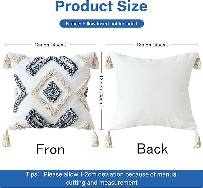 Boho Throw Pillow Covers 18x18 Inch with Tassels, Blue White Tufted Square Pillow Covers Bohemian Farmhouse Decorative Woven Cushion Cover for Couch Sofa Bedroom Living Room Home Decor
