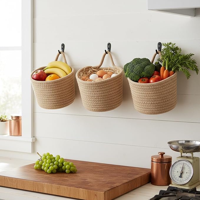 3 Pack Fabric Wall Hanging Baskets Small Woven Hanging Basket with Handle and Hooks Boho Style Cotton Rope Flower Plants Baskets Decor for Living Room,Bedroom,Bathroom, 5.12 ×6.3", Linen