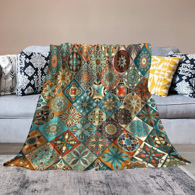Boho Floral Throw Blanket Mandala Colorful Bohemian Flowers Art Pattern Blanket for Sofa Bed Couch Chair Or Dorm 40"x50"