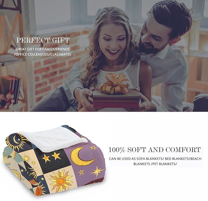 Sun and Moon Throw Blanket, Bohemian Soft Cozy and Warm Couch Blankets Gift for Sun and Moon Lover, Decorative Blankets for Sofa Couch Bed, Dark Brown 50×60 inches