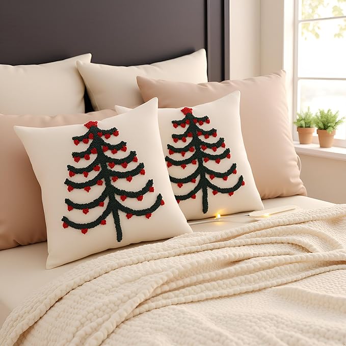 Tosleo Christmas Tufted Pillow Covers 18 x 18 inch Set of 2 Green Xmas Tree with Red Berry Throw Pillow Cover Party Decor Winter Holiday Embroidery Cushion Case for Sofa Couch Bed Living Room