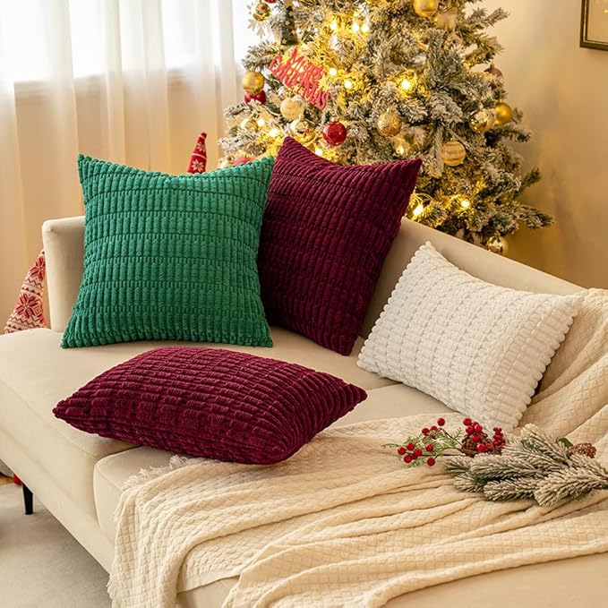 MIULEE Pack of 2 Green Corduroy Decorative Pillow Covers 20x20 Inch Soft Boho Striped Throw Pillow Covers Modern Farmhouse Home Decor for Sofa Living Room Couch Bed
