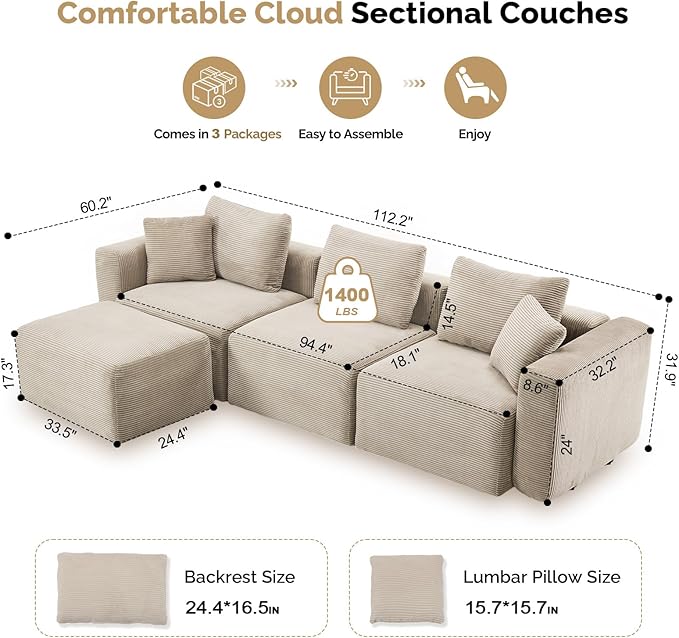 VINGLI 112.2“ Convertible Corduroy Cloud Sectional Couches with Movable Ottoman, L-Shaped Boneless Couches for Living Room with Deep Seat, 3 Seater Modular Spineless Sofa, No Assembly Required, Khaki