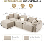 VINGLI 112.2“ Convertible Corduroy Cloud Sectional Couches with Movable Ottoman, L-Shaped Boneless Couches for Living Room with Deep Seat, 3 Seater Modular Spineless Sofa, No Assembly Required, Khaki