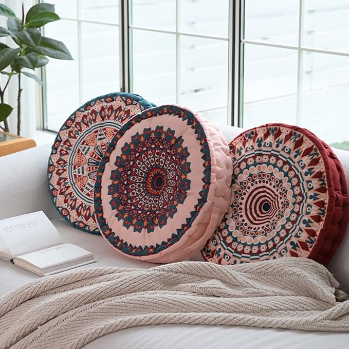 MOJUN Boho Floor Pillows Cushion, Round Meditation Floor Pillow Seating Cushion for Adults and Kids Bohemian Home Decorative Floor Cushions for Yoga Living Room Chair Tatami (Red, 17.7inch)