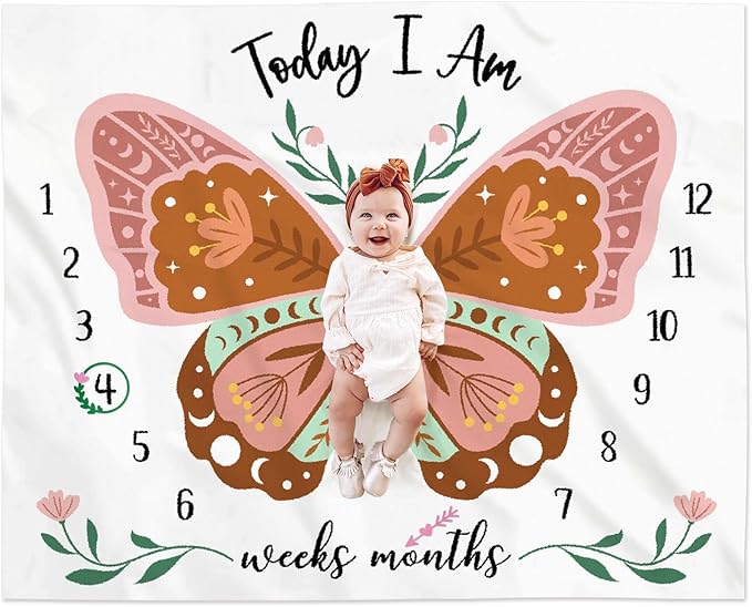 Boho Baby Blanket Butterfly Monthly Milestone Bohemian Floral Girl Photo Prop Sage Green and Pink Blanket Ideas for Personalized Baby Stuff Shower Newborn Decorations Nursery Gift Decor Mom