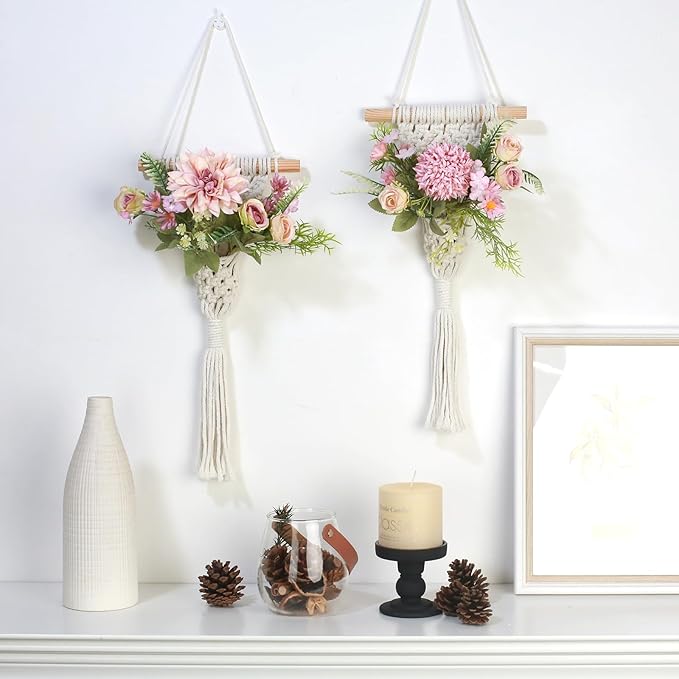 Macrame Wall Hanging, White Cotton Rope with Artificial Dahlia Flowers, 8x23 Inches, Handcrafted Boho Tapestry with LED Lights, Decorative Wall Art for Living Room, Bedroom (Flamingo Pink)
