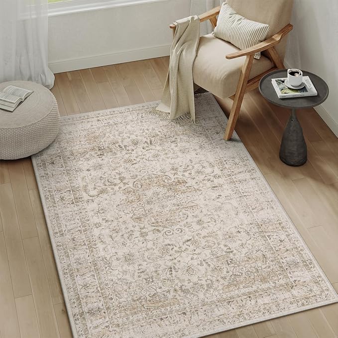 3x5 Washable Beige Area Rug Vintage Entryway Office Carpet Non-Slip Soft Low Pile Distressed Throw Rug for Entrance Living Room Bathroom Dining Room