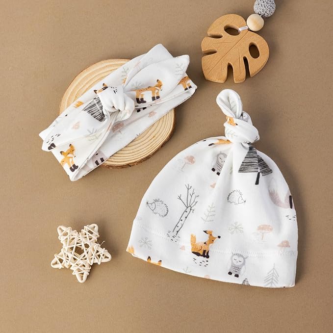 BabyWhale Muslin Swaddle Blanket with Hat and Headband Bow, Animals Print Swaddle Set for Baby Boys ＆ Girls, Newborn Soft Receiving Blanket Wrap, Owls, Foxes, Hedgehogs Pattern, 47x47 inches