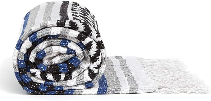 Americanflat 50x70 Authentic Mexican Throw Blanket - Falsa Blanket - Soft Cotton Throw Blankets for Indoor or Outdoor - Use for Yoga, Meditation, or Beach - Blue Stripes