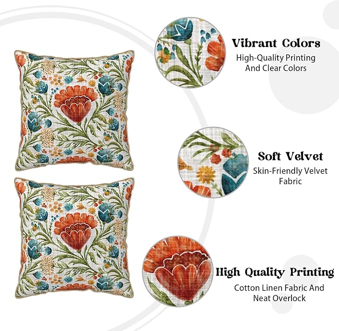 Red Blue Bright Floral Soft Velvet Throw Pillow Covers Set of 2 Colorful Flowers Green Leaf Plant Decorative Pillow Covers 16x16 Inch Boho Rustic Pillow Case For Sofa Couch Living Room Home Decor