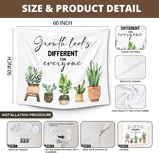 XLDLIOO Mental Health Gifts, Mental Health Plant Classroom Tapestry, Growth Looks Different for Everyone Tapestry Hanging for Bedroom, Inspirational Tapestries Wall Decor for Classroom Therapy Office Room 60x50in