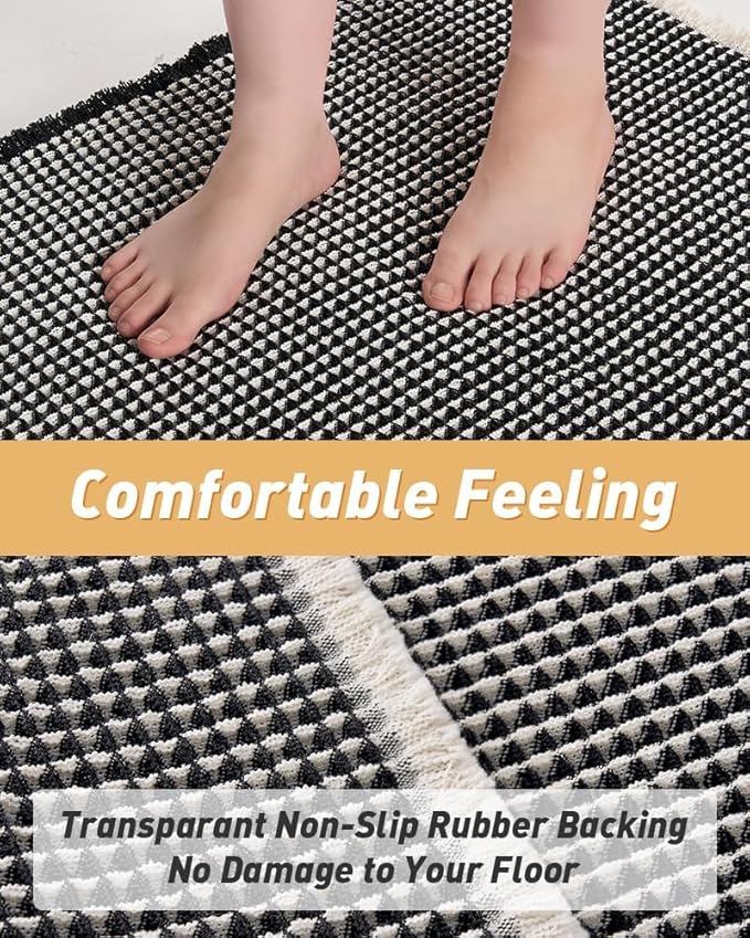 AMOAMI Upgraded Waffle Bath Mat, Super Absorbent Non Slip Bath Mats for Bathroom Floor, Washable Bathroom Rugs with Tassels, Rubber Backed Bathroom Mats, Ultra Soft, 17" x 24", Black & Cream