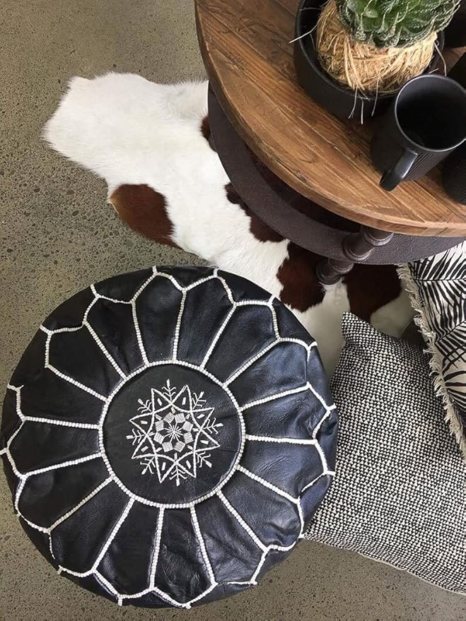 ARTOUARZAZATE Premium Moroccan Leather Pouf Cover, Ottoman Footstool Hassock 100% Real Natural Leather pouffe, Home Gifts, Wedding Gifts, Foot Stool (Black by White)