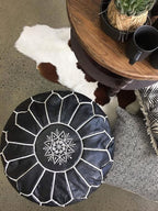 ARTOUARZAZATE Premium Moroccan Leather Pouf Cover, Ottoman Footstool Hassock 100% Real Natural Leather pouffe, Home Gifts, Wedding Gifts, Foot Stool (Black by White)