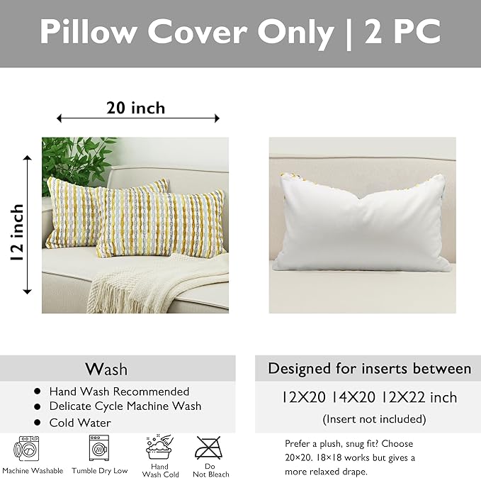 Boho Chenille Striped Pillow Cover 12x20 Inch, Decorative Lumbar Pillow Cover for Couch Bed Sofa Living Room Bedroom Farmhouse Modern Home Decor Accent Pillowcases Set of 2, Yellow White