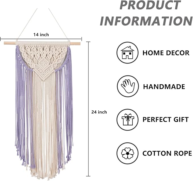 RLoncomix Macrame Wall Hanging Art Woven Wall Decor Cotton Handmade Boho Macrame Tapestry Chic Home Decor for Apartment Bedroom Living Room Dorm Gallery, Purple, 14" Wx24 L