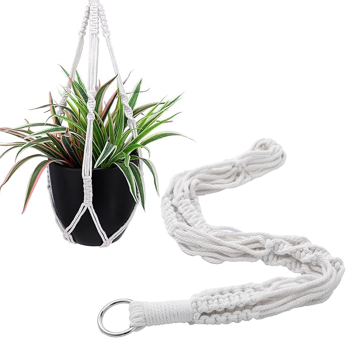 Macrame Plant Hanger Boho Hanging Planters Basket Rope for Indoor Plants Decorative Braided Cotton Rope Flower Pot Holder with Metal Hook Rings for Outdoor Home Decor, Ivory, 22 in