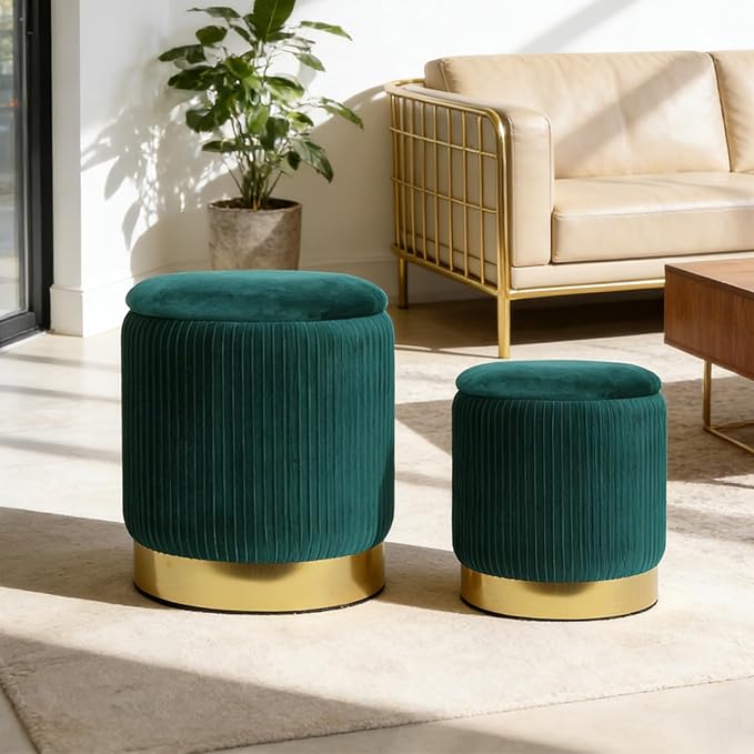 Green Velvet Round Storage Ottoman Set of 2 - Living Room & Bedroom Dorm Storage Ottoman Stool Accent Chairs with Modern Gold Base