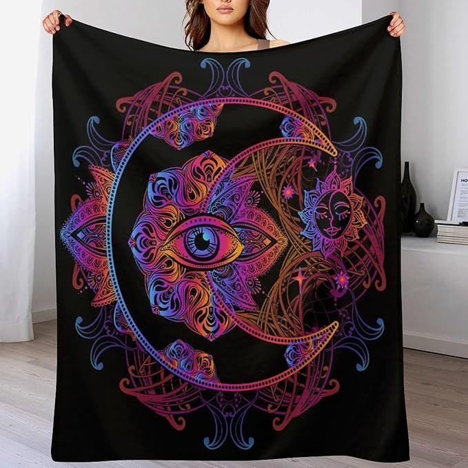 Boho Chic Throw Blanket Crescent Moon and Sun with Elements of The Mandala Pattern Blanket for Sofa Bed Couch Chair Or Dorm 40"x50"