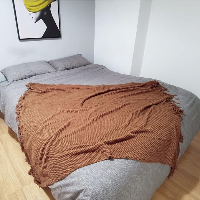 LOMAO Knitted Throw Blanket with Tassels Bubble Textured Lightweight Throws for Couch Cover Home Decor (Caramel, 60x90)
